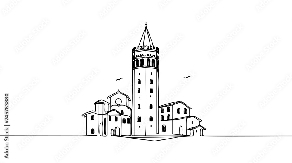 One line style big Tower. Simple modern continuous minimalistic style vector