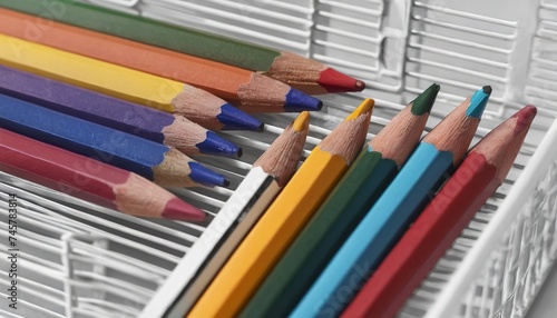 Group of multicolor pencils on white checkbook in a cage