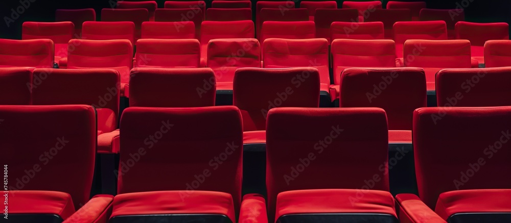 Fototapeta premium rows of red chairs in a dark cinema