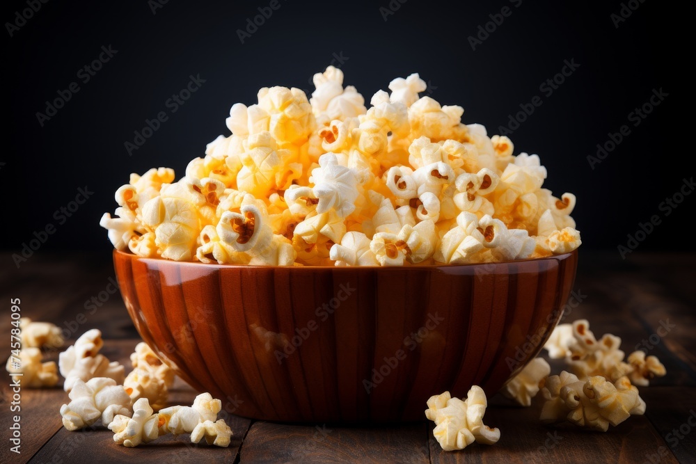 Bowl of delectable popcorn, perfect for snacking during movie night. Cozy ambiance Bowl of delectable popcorn, perfect for snacking during movie night. Cozy ambiance