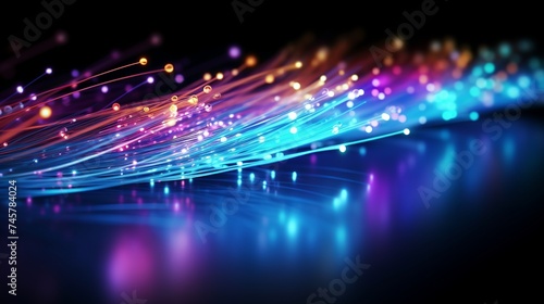 Bunch of optical fibres dinamic flying from deep on technology background