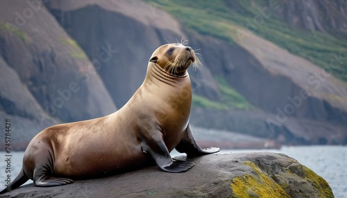 Steller sea lion sitting on a rock island in the Pacific Ocean on kamchatka peninsula photo