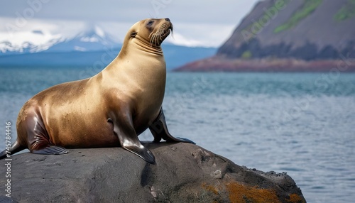 Steller sea lion sitting on a rock island in the Pacific Ocean on kamchatka peninsula