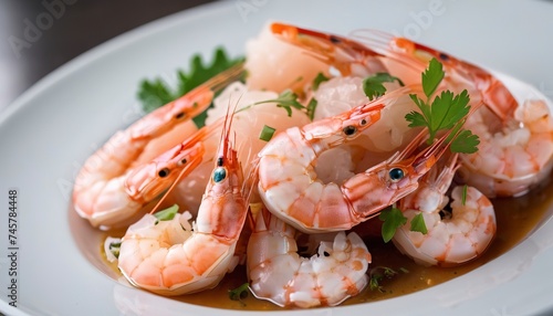 Selective focus of steamed shrimp in a white plate