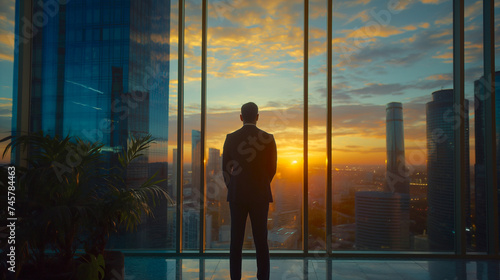 Businessman in a modern building looking through the window at a sunset.