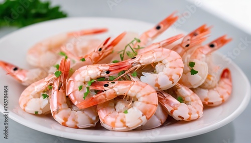 Selective focus of steamed shrimp in a white plate