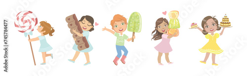 Cute Kid Character with Sweet and Sugary Treat Vector Set
