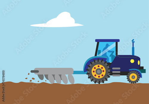 Tractor ploughing and creating trenches on a field for aeration and uprooting weeds concept. Editable Clip art.