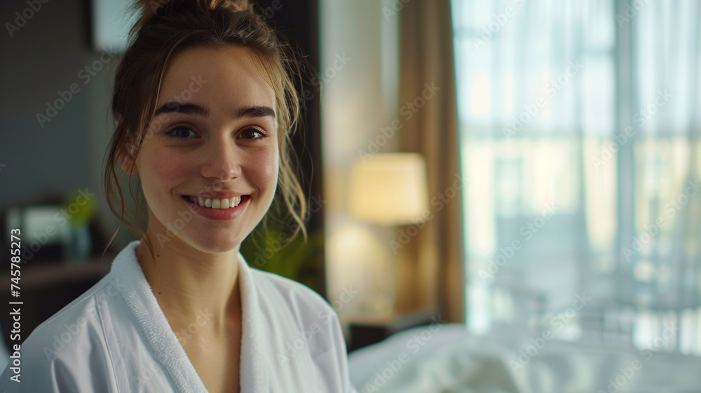 In her professional bathrobe, a young female nurse wears a genuine smile that reflects her dedication to patient care, her compassionate spirit shining through in every interaction In her professional bathrobe, a young female nurse wears a genuine smile that reflects her dedication to patient care, her compassionate spirit shining through in every interaction