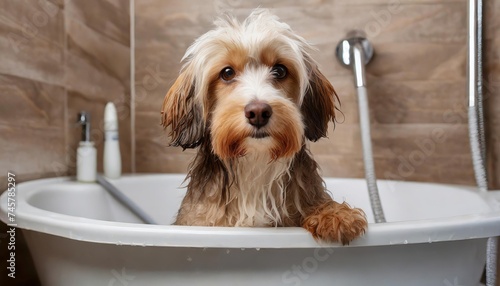 Generated image of cute dog does not want to take a bath in the bathroom