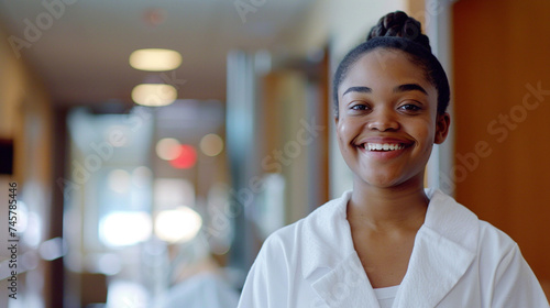 With kindness in her eyes and a smile on her face, a young female nurse stands ready in her bathrobe, her nurturing presence bringing comfort and reassurance to patients in the hea photo