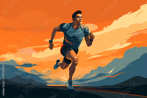Man running on a road mountain in the background, retro vector illustration in oranges and blues. 