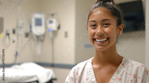 With a cheerful disposition, a young female nurse smiles warmly in her bathrobe, her positive energy uplifting the spirits of those around her, fostering a supportive and healing a