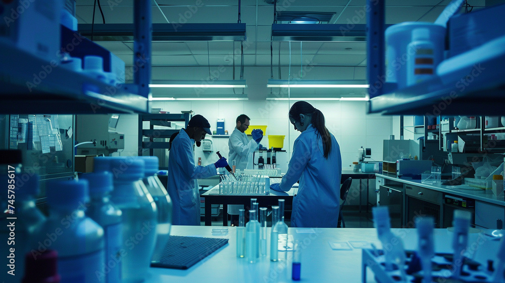 In the sterile ambiance of the medical laboratory, laboratory assistants stand poised at a table adorned with an array of test tubes and containers, diligently conducting experimen In the sterile ambiance of the medical laboratory, laboratory assistants stand poised at a table adorned with an array of test tubes and containers, diligently conducting experimen