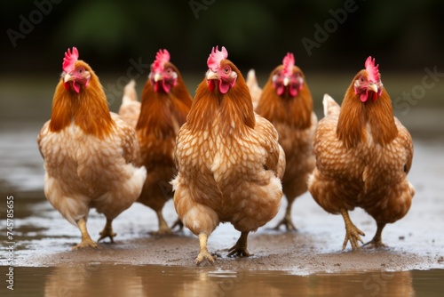 Chickens engaged in their daily activities on a bustling farm after the refreshing rainfall © firax