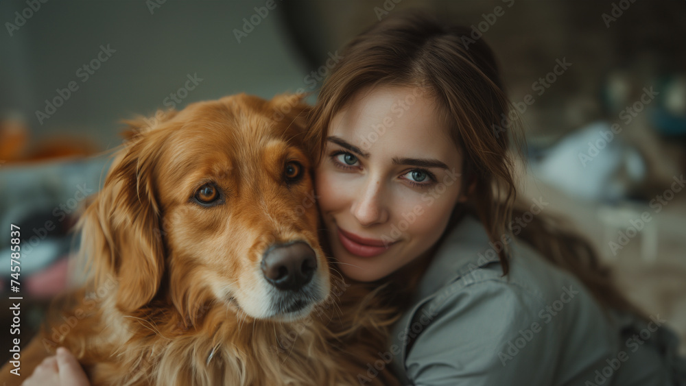 a hug from a woman and a dog