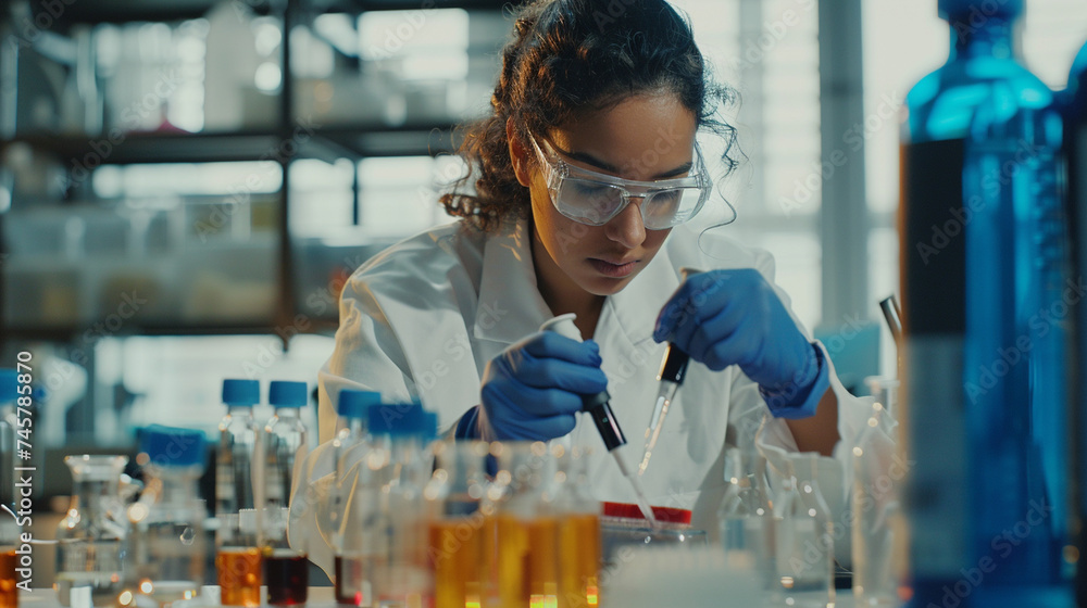 Within the confines of the laboratory, laboratory assistants diligently conduct experiments at a table adorned with test tubes and containers, their unwavering commitment to scient Within the confines of the laboratory, laboratory assistants diligently conduct experiments at a table adorned with test tubes and containers, their unwavering commitment to scient