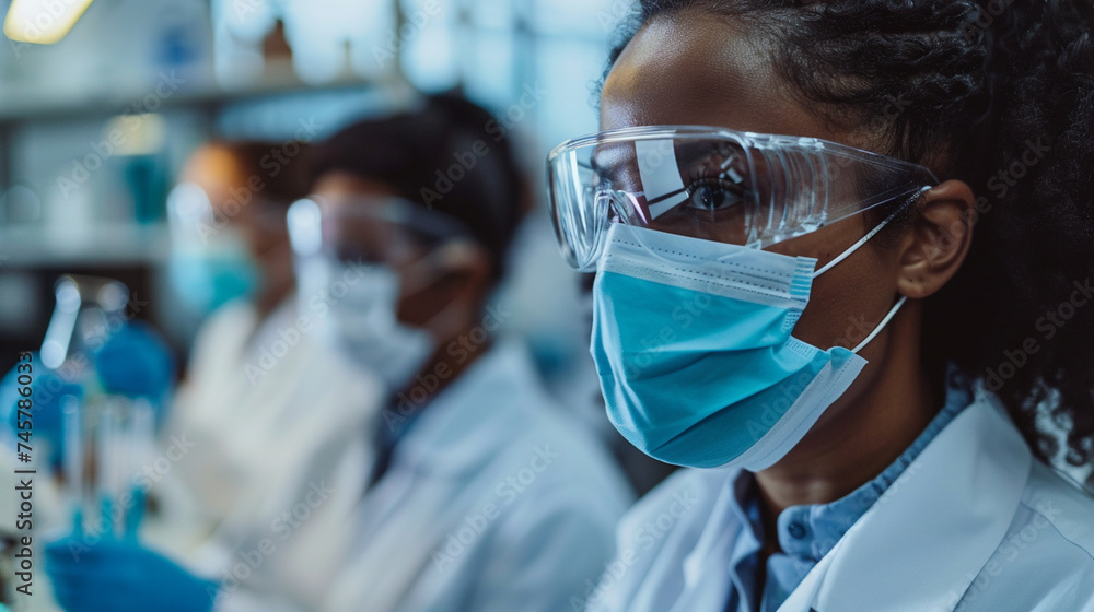 With utmost caution, virologists in masks conduct experiments in the laboratory, their focus unwavering as they work towards understanding and combating viral threats to public hea With utmost caution, virologists in masks conduct experiments in the laboratory, their focus unwavering as they work towards understanding and combating viral threats to public hea