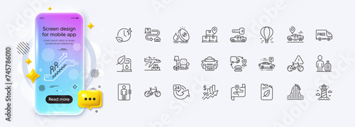 Car parking, Packing things and Rise price line icons for web app. Pictogram icon. Phone mockup gradient screen. Vector