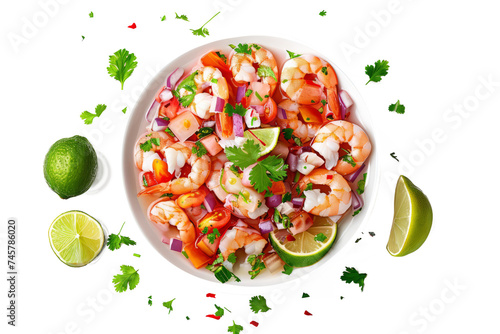 Mexican ceviche with diced fish or shrimp marinated in lime juice, mixed with tomatoes, onions, cilantro, and avocado. photo