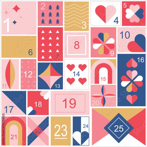 Vector illustration of a festive advent calendar.Cartoon scene of a beautiful colored advent calendar with geometric patterns, numbers, hearts. Christmas gift advent calendar.Modern minimalist style.