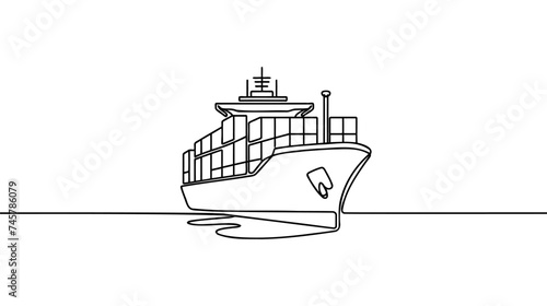 Continuous one line drawing cargo ship with containers in the port. Cargo Concept.