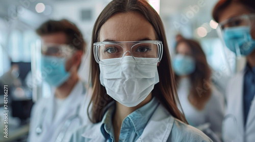 Focused and determined, virologists wearing masks meticulously analyze data in the laboratory, their collective expertise poised to provide crucial insights into the behavior and t