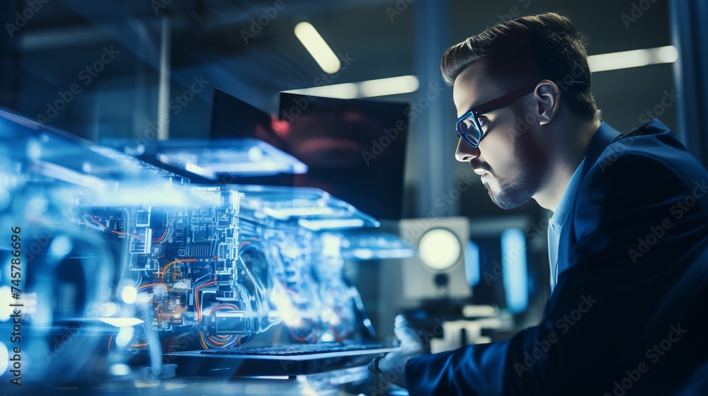 Engineer examining AI technology with reflection on eyeglasses Engineer examining AI technology with reflection on eyeglasses