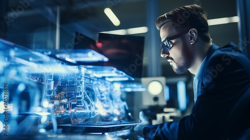Engineer examining AI technology with reflection on eyeglasses