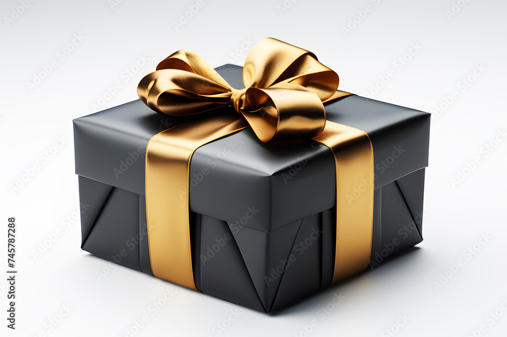 Obraz premium Angle black gift box with satin yellow bow ribbon on grey background. Festival very special time. Realistic clipart template pattern. Festive holiday Christmas, happy new years, birthday. 