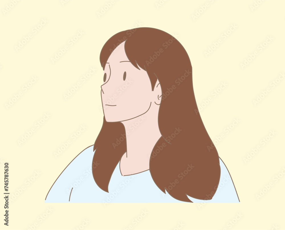 Peaceful woman looking far away, looking into the distance. Hand drawn flat cartoon character vector illustration. Peaceful woman looking far away, looking into the distance. Hand drawn flat cartoon character vector illustration.