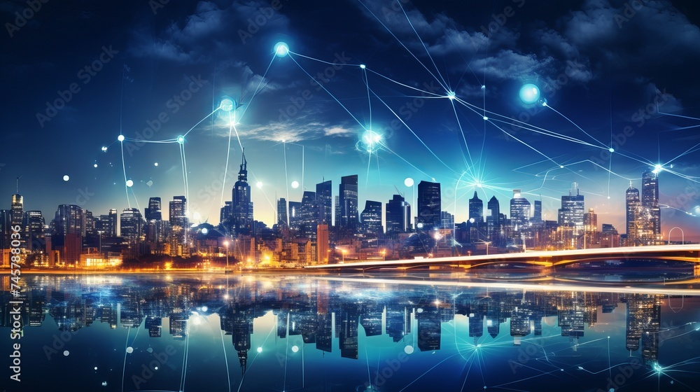 Modern urban skyline with high-speed data and internet communication network. Concept of cyber network in big city with copy space. Vertical orientation Modern urban skyline with high-speed data and internet communication network. Concept of cyber network in big city with copy space. Vertical orientation