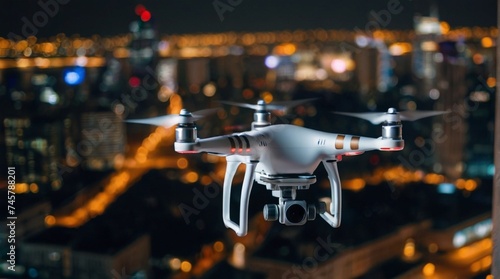 A drone with a camera over the night city. An unmanned aerial vehicle flying in the air.
 photo