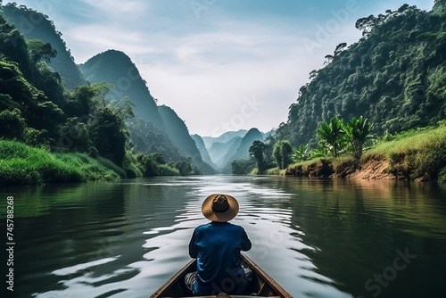 Man sailing small wooden boat on scenic river among majestic mountains, rear view