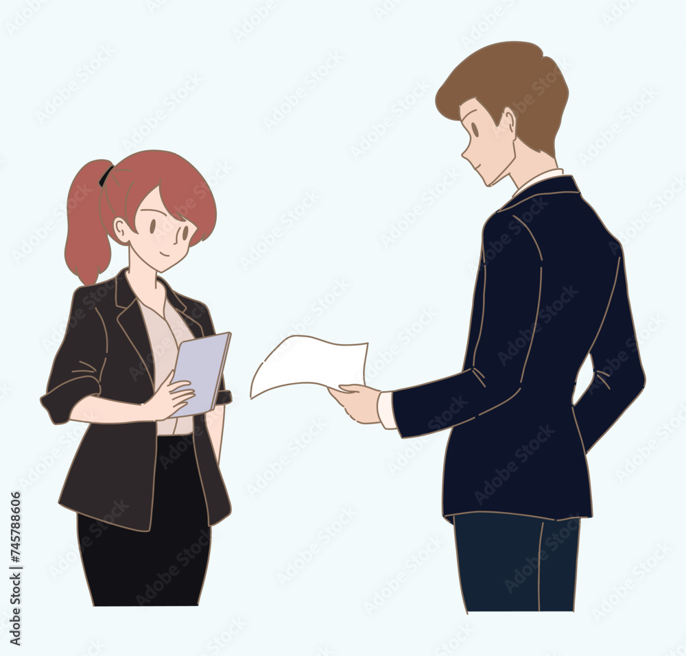 Businesswoman holding digital tablet while talking with businessman holding piece of paper. Changing of devices from paper to smart gadget. Hand drawn flat cartoon character vector illustration.