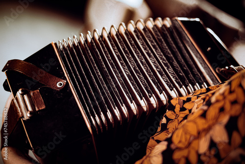 Playing the accordion. Close up. 