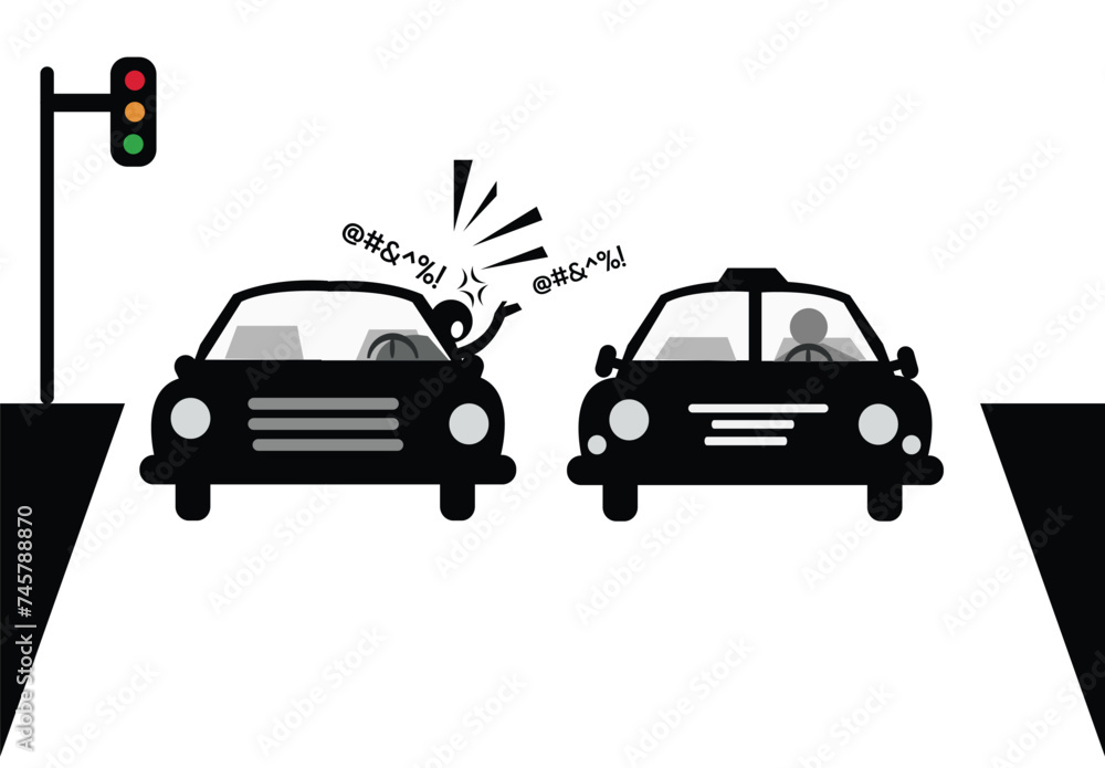 Road Rage and Traffic Altercation Incident. Editable Clip Art.