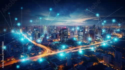 Smart city and digital transformation. Cityscape, telecommunication and communication network concept. Big data connection technology.De-focused background
