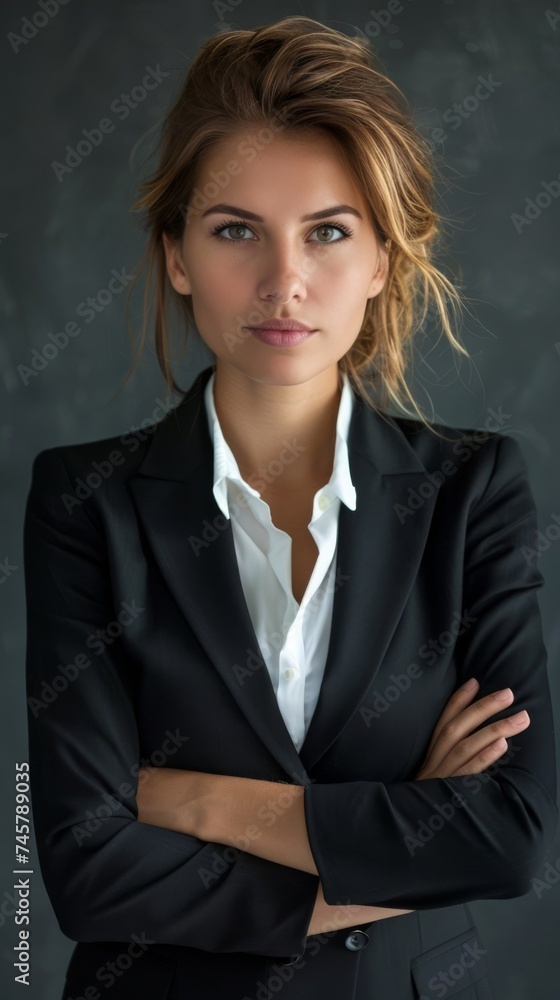 Portrait of successful young blonde woman in business suit, arms crossed and smiling. Success. Goals. Achievement. Portrait of successful young blonde woman in business suit, arms crossed and smiling. Success. Goals. Achievement.