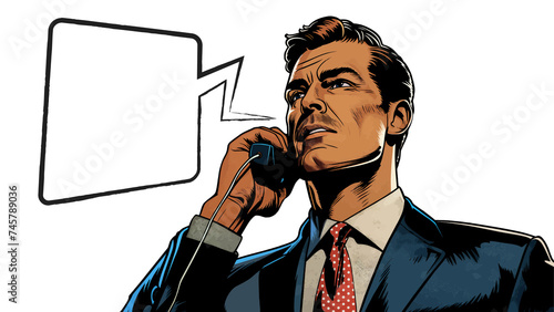 Businessman talking on phone blank text bubble. Conceptual image. Generative ai fictional character raster illustration. Pop art comic book style imitation. 