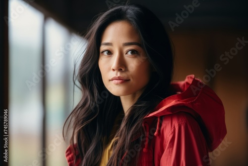 Portrait of a beautiful young asian woman in red raincoat