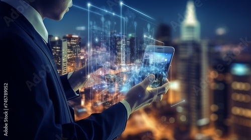 The abstract image of business man point to the hologram on his smartphone and blurred cityscape is backdrop. the concept of communication network, cyber security, internet of things and future life