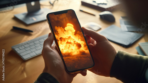 Close up of hands holding phone, reading bad news about explosion as a symbol of all negative information and  doomscrolling