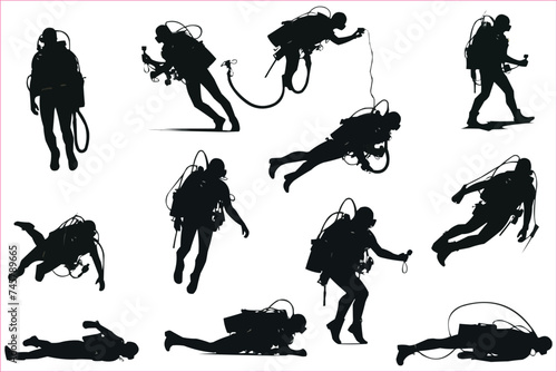 Set of scuba diver silhouette, Scuba diving silhouettes, Silhouettes of Scuba Diving isolated on a white background
