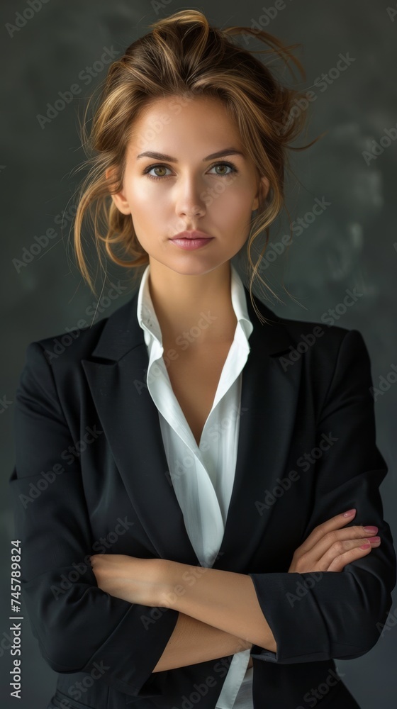 Portrait of successful young blonde woman in business suit, arms crossed and smiling. Success. Goals. Achievement. Portrait of successful young blonde woman in business suit, arms crossed and smiling. Success. Goals. Achievement.