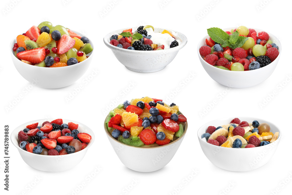 Fruit salad, collection. Mixed fresh berries and fruits in bowls isolated on white Fruit salad, collection. Mixed fresh berries and fruits in bowls isolated on white