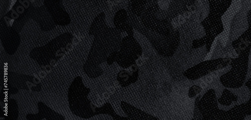Texture of camouflage fabric as background, black and white effect. Banner design