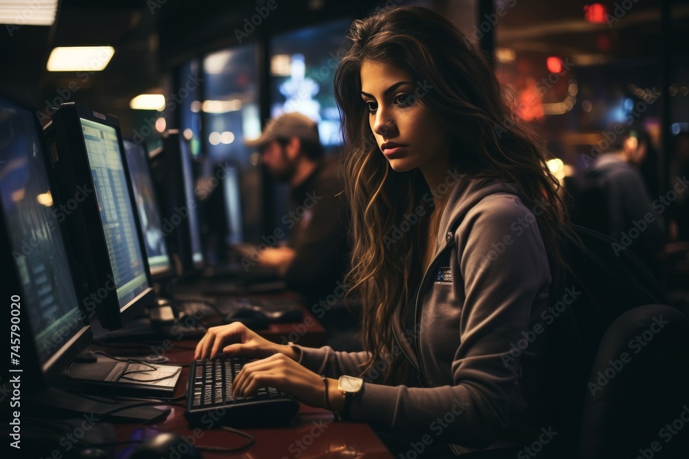 Experienced female broadcaster in a modern television station control room broadcasting live shows. Experienced female broadcaster in a modern television station control room broadcasting live shows.