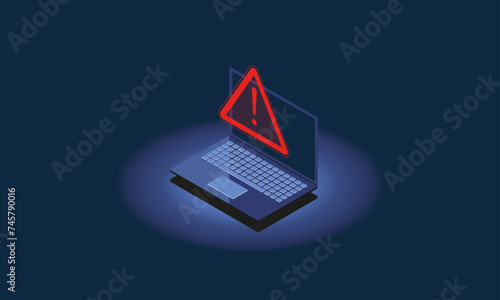 Computer it problem or cybercrime. Laptop with warning sign. Isometric vector illustration.