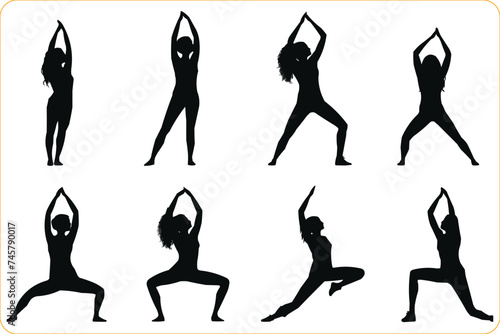 Woman yoga silhouettes, Set of female yoga poses silhouettes, Yoga Poses Woman Silhouette